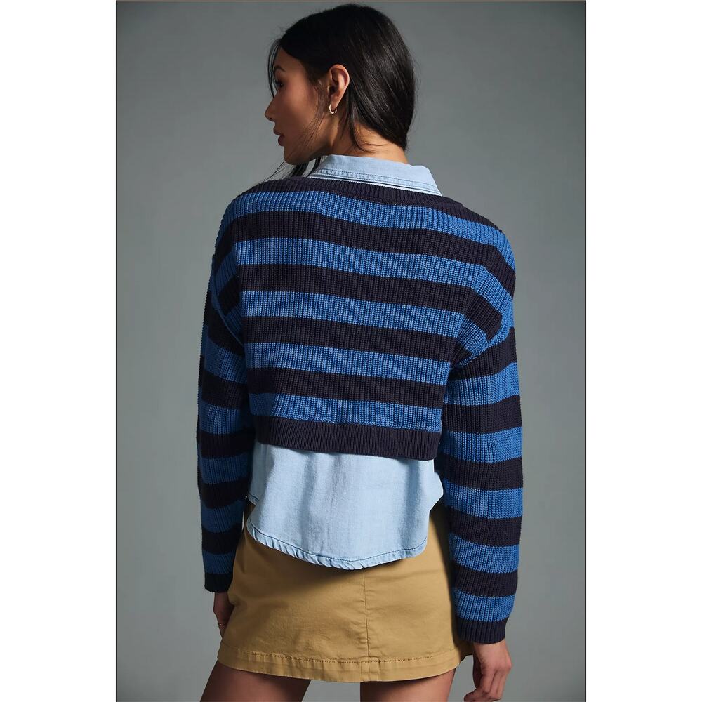 Anthropologie Pilcro Layered Twofer Sweater - Blue Stripe Chambray - M - Picture 3 of 11